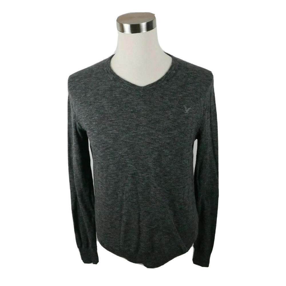 American Eagle Mens Cotton Athletic Fit V Neck Dark Heather Gray Sweater M